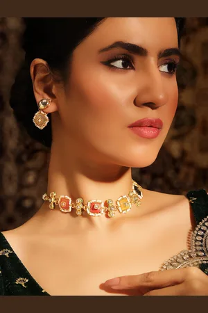 Priyaasi Gold Plated Kundan Stone Studded Necklace and Earrings