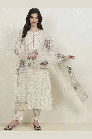 Biba Floral Printed Thread Work Pure Cotton Unstitched Dress Material