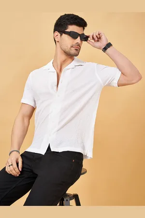 PEOPLE Men Cuban Collar Solid Slim Fit Casual Shirt