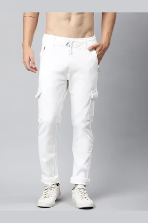 HARVARD Men White Slim Tapered Fit Solid Denim Cargos