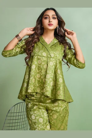 Sangria Printed Lapel Collar Neck Top & Trouser