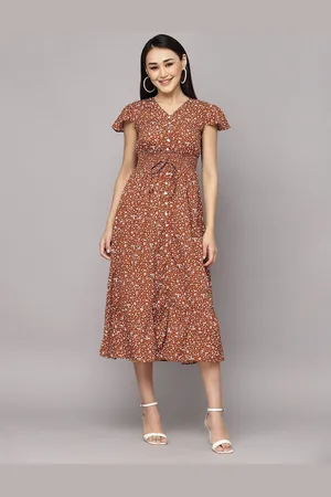 BAESD Women Floral Printed Puff Sleeve Crepe A-Line Midi Dress