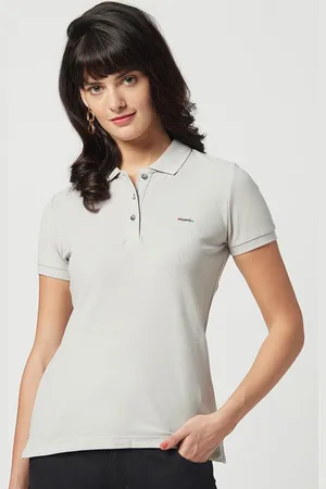 EDRIO Women Grey Polo Collar Organic Cotton T-shirt