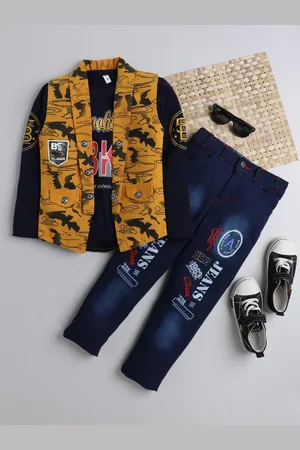 DKGF FASHION Boys Yellow & Navy Blue Printed T-shirt with Trousers & Sleeveless Shirt