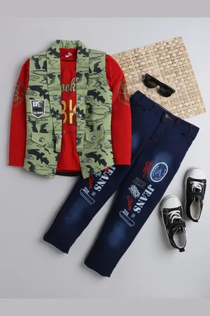 DKGF FASHION Boys Red & Olive Green Printed T-shirt with Trousers
