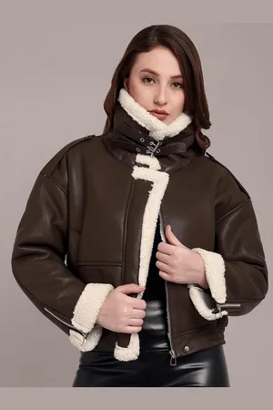 iki chic Women Spread Collar Solid Leather Casual Leather Jacket