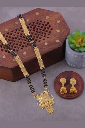 Brandsoon Gold-Plated Black Beaded Mangalsutra With Earrings