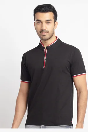 Status Quo Men Black Solid Polo Collar Cotton T-shirt
