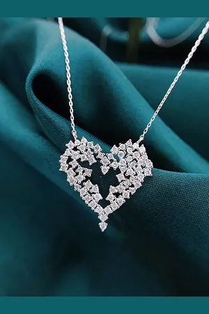 Designs & You Silver-Plated American Diamond Studded Heart Shaped Pendant Chain