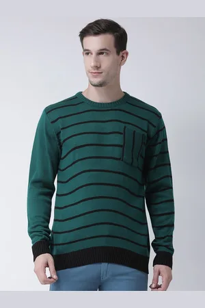 Club York Men Teal & Black Striped Acrylic Pullover Sweater