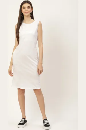 BRINN White Solid Pure Cotton A-Line Midi Dress