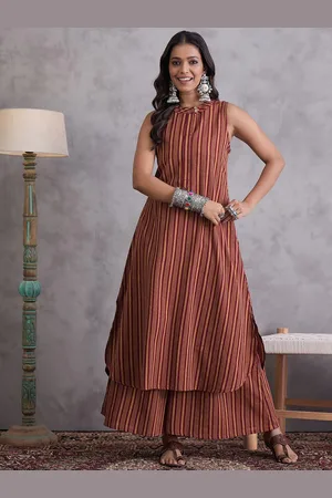 InWeave Women Striped Regular Pure Cotton Kurta with Palazzos