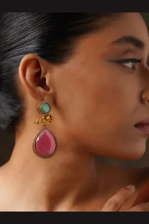 ABDESIGNS Gold-Plated Stone Studded Teardrop Shaped Drop Earrings
