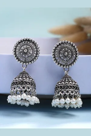 NVR Women Oxidised Silver Plated White Artificial Beads Jhumka Earrings