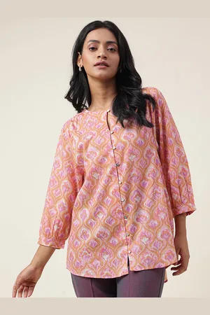 Fabindia Floral Printed Keyhole Neck Cotton Shirt Style Top