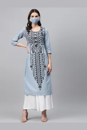 Biba Women Blue Black Pure Cotton Printed Straight Kurta