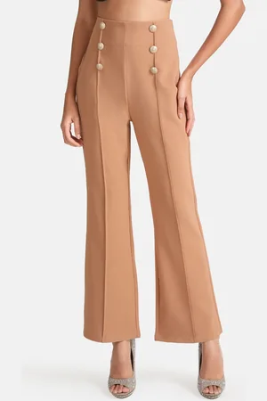 Kazo Women Beige Flared High-Rise Trousers