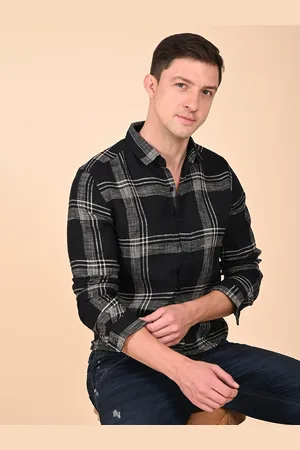 POE Men Spread Collar Checked Cotton Casual Shirt