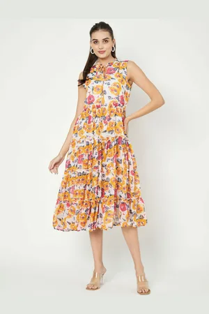 BRINN Floral Printed Tie-Up Neck Georgette Tiered Fit & Flare Midi Dress