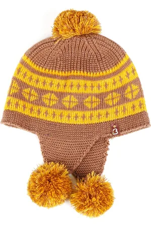 Bharatasya Unisex Kids Brown & Yellow Printed Acrylic Beanie Cap