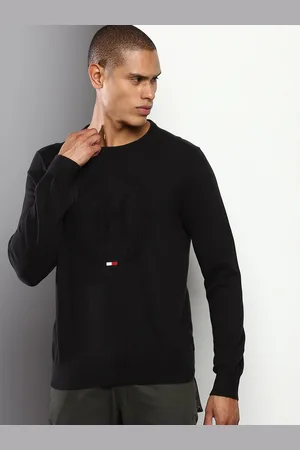 Tommy Hilfiger Men Black Self Design Pure Cotton Pullover Sweaters