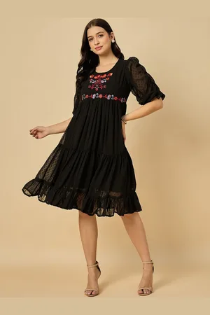 Azira Embroidered Self Design Gathered or Pleated Fit & Flare Tiered Midi Dress