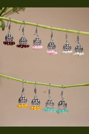 NVR Women Pair of 5 Oxidised Silver Plated Multicolor Artificial Beads Jhumka Earrings