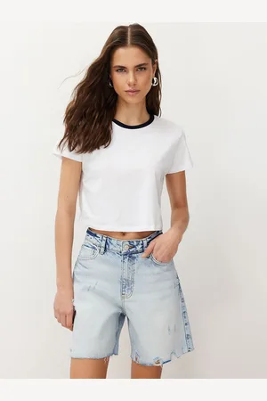 Trendyol Women Mid-Rise Washed Ripped Distressed Cotton Denim Shorts
