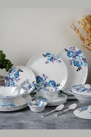 Aura White & Blue 41 Pieces Floral Printed Glossy Dinner Set