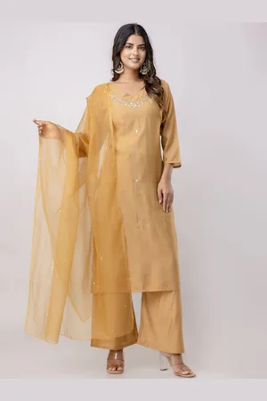 Kalini Floral Embroidered Pure Silk Straight Kurta With Trousers & Dupatta
