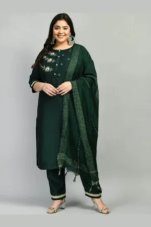 DesiNoor Plus Size Floral Sequinned Kurta With Trousers & Dupatta
