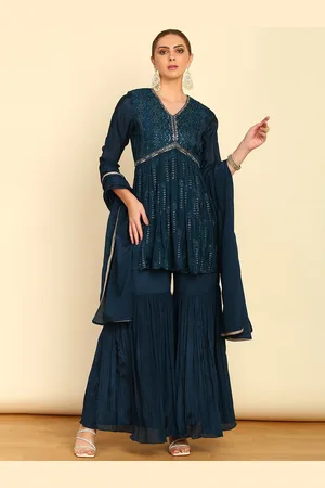 Soch Teal Blue Ethnic Motifs Embroidered A-Line Empire Kurti & Sharara With Dupatta