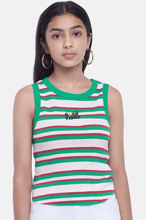 Pantaloons Girls White & Green Striped Cotton T-shirt