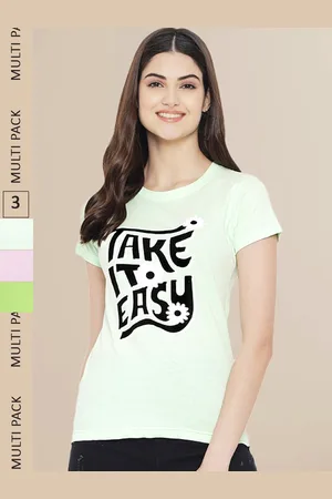 Fabflee Women Pink & Green Pack of 3 Graphic Printed Cotton T-shirt