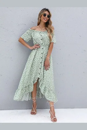 HERE&NOW Floral Print Off-Shoulder Flared Sleeve Fit & Flare Midi Dress