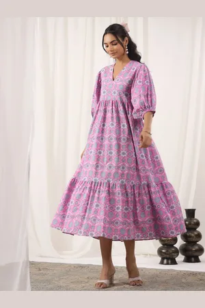 Jaipur Women Floral Printed Puff Sleeves Cotton Fit & Flare Midi Dress