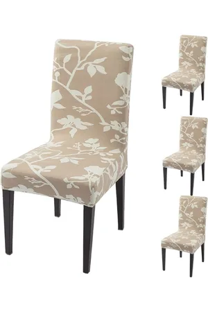 HOKIPO Set Of 4 Brown & Off White Floral Printed Chair Cover