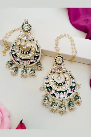 ABDESIGNS Gold-Plated Stone Studded & Beaded Classic Drop Earrings