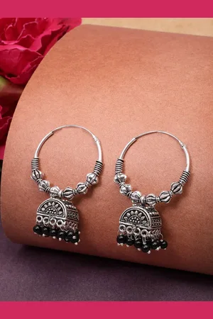 NVR Women Oxidised Silver Plated Black Artificial Beads Jhumka Earrings