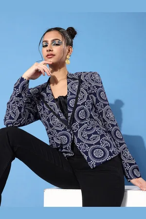 KASSUALLY Women Navy Blue Suit Up Ethnic Motifs Blazer