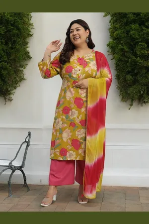 Azira Plus Size Floral Printed Gotta Patti Pure Cotton Straight Kurta & Palazzos & Dupatta