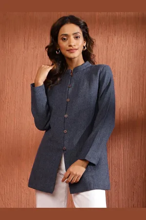 Fabindia Mandarin Collar Woollen Longline Tailored Jacket