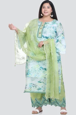 Elthia Plus Size Floral Printed Pure Silk Kurta With Palazzos & Dupatta