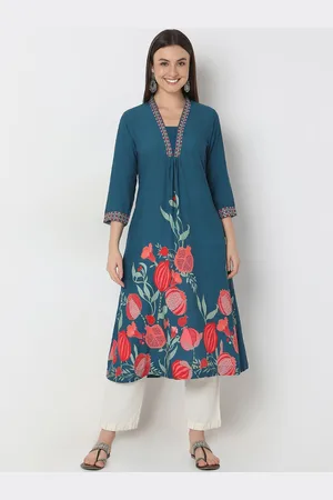 Ethnicity Floral Printed Thread Work Square Neck A-Line Kurta