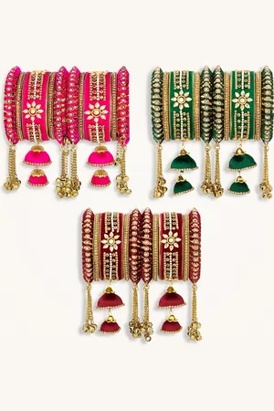 Peora Set Of 30 Gold Plated Stone Studded & Silk Threaded Bangles