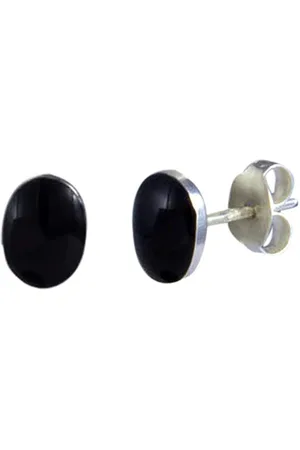 Abhooshan 92.5 Sterling Silver Oval Shaped Onyx Studded Stud Earrings