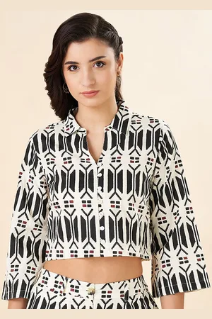 Pantaloons Women Pure Cotton Printed Shirt Collar Crop Top