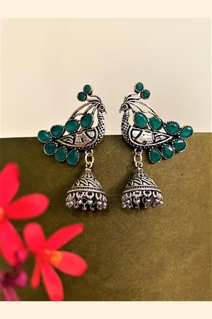 ATIBELLE Silver-Plated Stone Studded Peacock Shaped Jhumkas Earrings