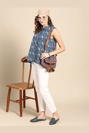 Sangria Women Blue & White Ethnic Motifs Printed Fusion High-Low Top
