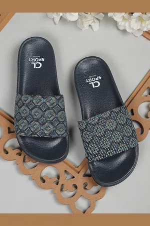 Carlton London Women Navy Blue & White Printed Sliders